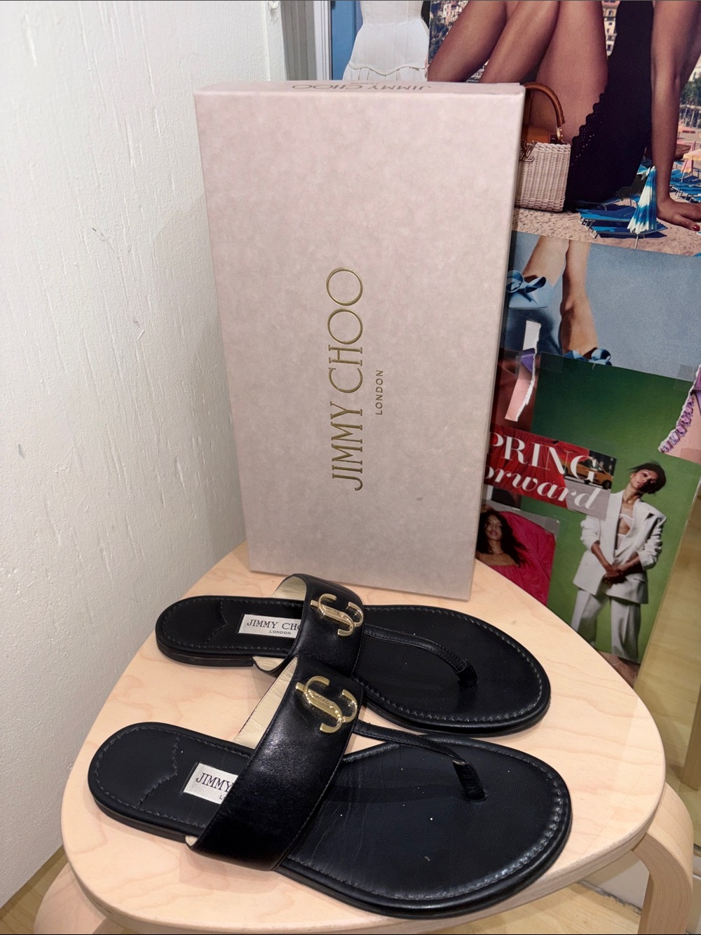 Jimmy Choo Black Leather Slide Sandals with Gold Logo Accent
